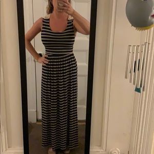 Maxi dress navy and cream stripe lace crochet back